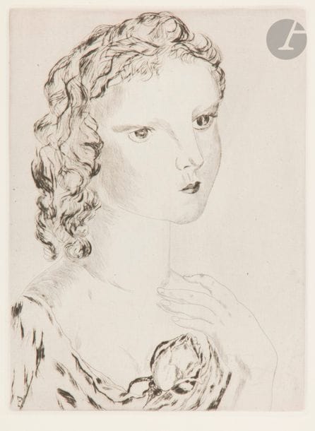 Léonard-Tsuguharu FOUJITA (1886-1968)
La Jeune fille à la rose. 1925. Pointe sèche. 175 x 237. Buisson 25.118 (cliché inversé). Très belle épreuve sur vélin, non signée comme à l’ordinaire. Plis souples marginaux. Toutes marges. 
