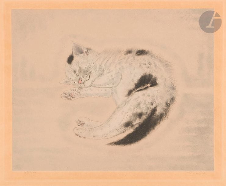 Léonard-Tsuguharu FOUJITA (1886-1968)
Chaton endormi. (Pl. pour l’album Les Chats, Apollo éd., 1929). Pointe sèche, aquatinte et roulette. 378 x 315. Buisson 29.139. Très belle épreuve sur chine appliqué sur japon fort, numérotée et signée au crayon. Forte oxydation à l’ouverture du passe-partout. Toutes marges. Tirage à 100 épreuves. 