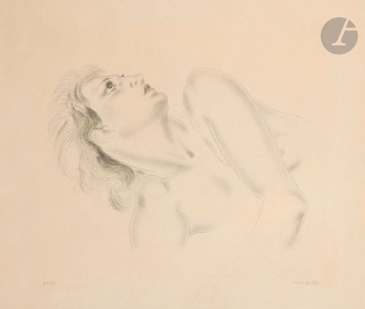 Léonard-Tsuguharu FOUJITA (1886-1968)
Femme de profil. 1930. Eau-forte et roulette. 410 x 350. Buisson 30.48. Belle épreuve sur japon, numérotée et signée au crayon. Plusieurs fins plis cassés horizontaux en travers du feuillet à gauche. Marges. Tirage à 90 épreuves. Cadre. 