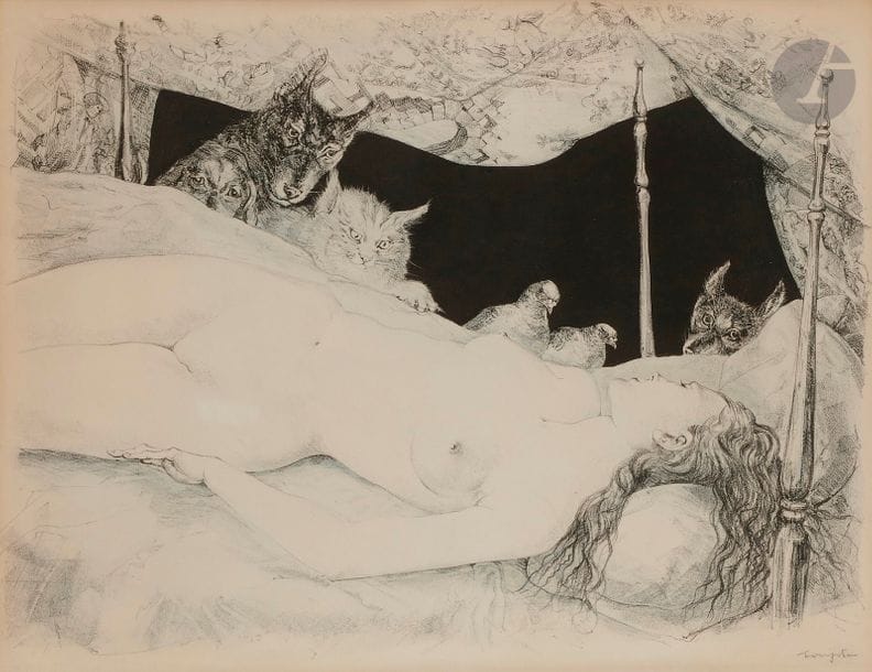Léonard-Tsuguharu FOUJITA (1886-1968)
Le Rêve. 1947. Lithographie. À vue : 670 x 530. Buisson 47.19. Bonne épreuve sur vélin, coloriée à l’aquarelle bleu ciel, signée au crayon, tendue par les bords sous passe-partout au moyen d’adhésif. Trace claire d’oxydation du feuillet. Quelques courts plis cassés de manipulation en surface. Toutes marges.