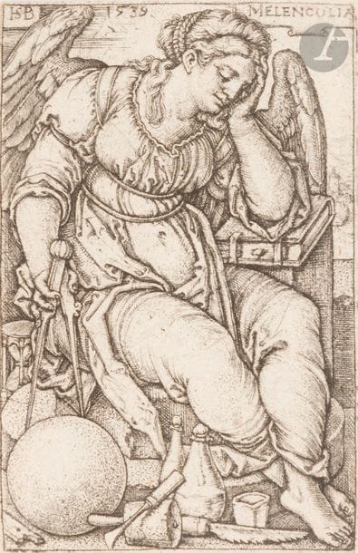 Hans Sebald Beham (1500-1550)
La Mélancolie. 1539. Burin. 50 x 78. Bartsch 144 ; Pauli 145. Très belle épreuve rognée à l’extérieur du trait carré. 