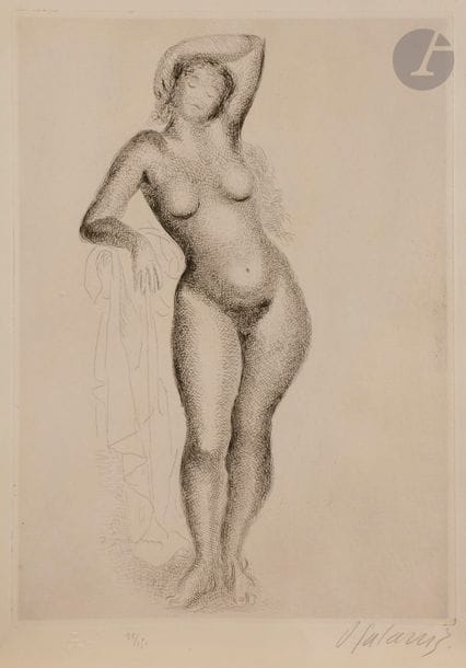 Demetrios GALANIS (1879-1966)
Nu. 1927. Eau-forte. 318 x 450. I.F.F. 53. Parfaite épreuve sur vélin fort, numérotée et signée au crayon. Une rousseur claire sur le coup de planche en bas à gauche. Léger empoussiérage au bord droit. Toutes marges. Tirage à 150 épreuves. Timbre sec : Le Chien de Pique (Lugt 4622).