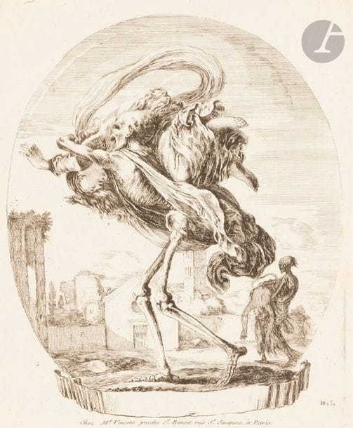 Stefano della BELLA (1610-1664)
La Mort emportant une femme. (Pl. de la suite des Cinq Morts). Eau-forte. 150 x 185. De Vesme, Massar 90. Très belle épreuve. Infimes rousseurs claires. Petites marges. Joint : La Mort emportant un enfant. (Pl. de la même suite). Eau-forte. 153 x 185. De Vesme, Massar 89. Belle épreuve rognée au coup de planche, du 2e état (sur 3), avant l’adresse de Vincent. Semis de petites rousseurs. Ens. 2 p.