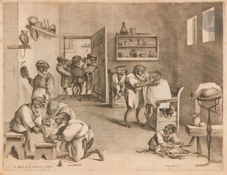 Coryn Boel (c. 1620-1688)
La Boutique du barbier aux singes et aux chats. Eau-forte d’après Teniers. 315 x 245. Le Blanc 52 ; Hollstein 42. Très belle épreuve. Infimes rousseurs et accidents aux bords du feuillet. Petites marges. Ex-coll. chevalier J. Camberlyn (Lugt 514).