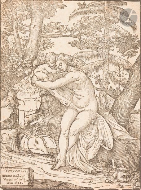 Niccolò Boldrini (1540-1566)
Vénus et l’Amour. 1566. Bois gravé d’après Titien. 231 x 315. Bartsch 29. Bonne épreuve en tirage postérieur, avec petites cassures dans le bois, sur vergé fort, rognée au trait carré. Rousseurs claires et traces de plis. Ex-coll. J. P. Heseltine (Lugt 1508). 