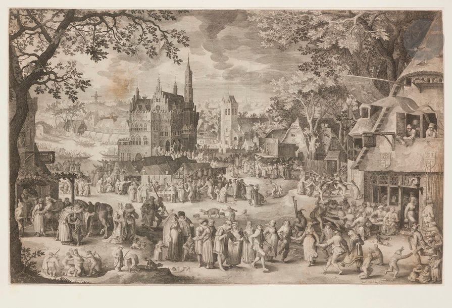 Boetius Adamsz. Bolswert (1580-1633)
Foire de village devant un château. 1634. Burin d’après Vinckboons. 690 x 433. Hollstein 321. Épreuve rognée au sujet, sans les noms du graveur et de l’éditeur (vraisemblablement grattés), manquant de conservation (amincissures, fractures, trous et plis visibles par transparence) habilement restaurée et finement doublée.