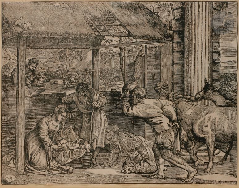 Giovanni Britto (actif c. 1530-1550)
L’Adoration des bergers. Vers 1532-1533. Bois gravé d’après Titien. 500 x 393. Rosand-Muraro 43 ; Dreyer 17. Bonne épreuve en tirage postérieur effectué sur le bois usé, rognée au trait carré. Plusieurs fentes dans le bloc dont une longue fente horizontale médiane perceptible. Déchirures restaurées aux bords du feuillet. Arrachements et petits trous en surface. Cadre.
