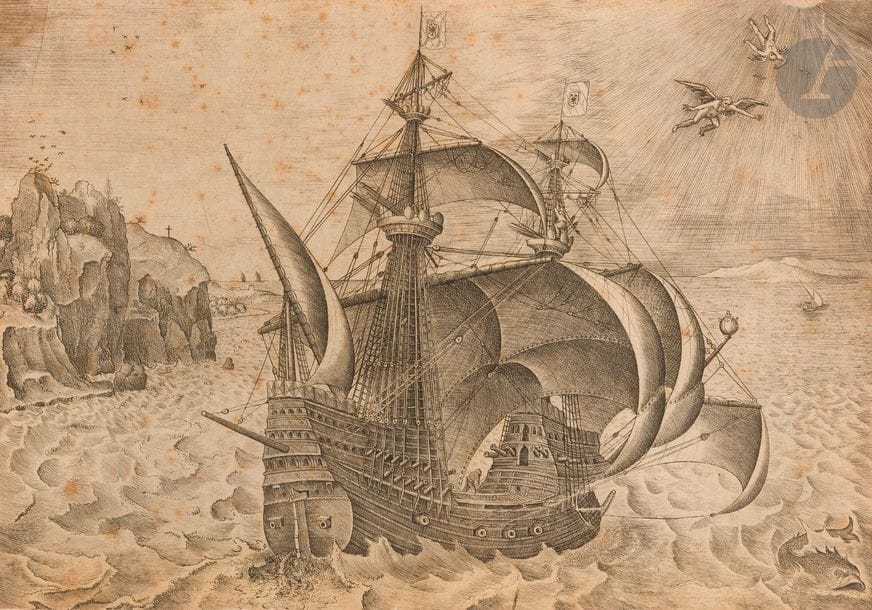 Pieter Bruegel l’Ancien (c. 1525-1569) (d’après)
Nef de bande, vue de trois quarts arrière, armée de canons. (Pl. d’une suite de 11 Navires de guerre). Vers 1561-1565. Gravé par F. Huys. 285 x 200. Hollstein (d’après Bruegel) 101. Bonne épreuve rognée sur le trait carré latéralement, sans la tablette, avec manques de plusieurs millimètres en tête et en pied (en totalité manquent 22,5 mm). Rousseurs claires éparses et traces de plis. Déchirure de 20 mm au-dessus d’Icare. Restes de colle oxydés dans les angles au verso. 