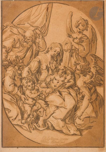 Ludolph Büsinck (c. 1590-1669) 
La Sainte Famille avec saint Jean Baptiste chevauchant un agneau. 1623. Clair-obscur au moyen de deux bois d’après Lallemant. [225 x 315]. Hollstein 3. Belle épreuve rognée le long du trait carré supérieur. L’angle supérieur gauche sommairement rabouté au verso. Fin pli cassé vertical dans l’angle inférieur droit. Petites marges sur trois côtés. 