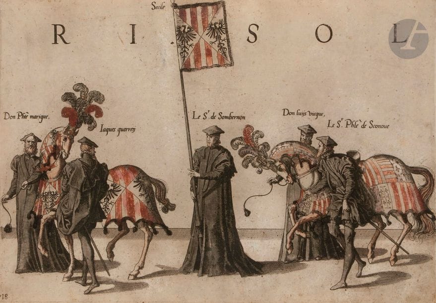 Johannes et Lucas van Doetechum (XVIe s.)
La Magnifique et somptueuse pompe funèbre de Charles Quint. (Réunion de 18 pl. d’une suite de 34). 1559. Gravé d’après H. Cock. Chaque env. 340 x 235. Hollstein 8. Bonnes épreuves rognées au coup de planche, en coloris ancien. Salissures et menus accidents. 