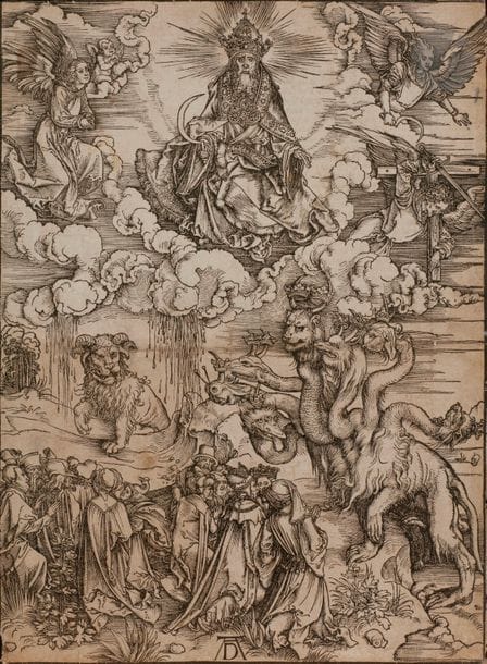 Albrecht Dürer (1471-1528)
La Bête qui a des cornes d’agneau ; chap. XIII, vers 11. (Pl. de L’Apocalypse de saint Jean). 1498. Bois gravé. 280 x 393. Bartsch 74 ; Meder 175. Bonne épreuve de l’édition allemande, avec texte imprimé au verso, rognée sur le trait carré. Épidermures, oxydation, petits trous et renforts au verso. Courtes déchirures aux bords du feuillet. Joint : Hercule. 1496. Bois gravé. 285 x 390. Bartsch 127 ; Meder 238. Épreuve manquant fortement de conservation, avec larges manques. Ens. 2 p.