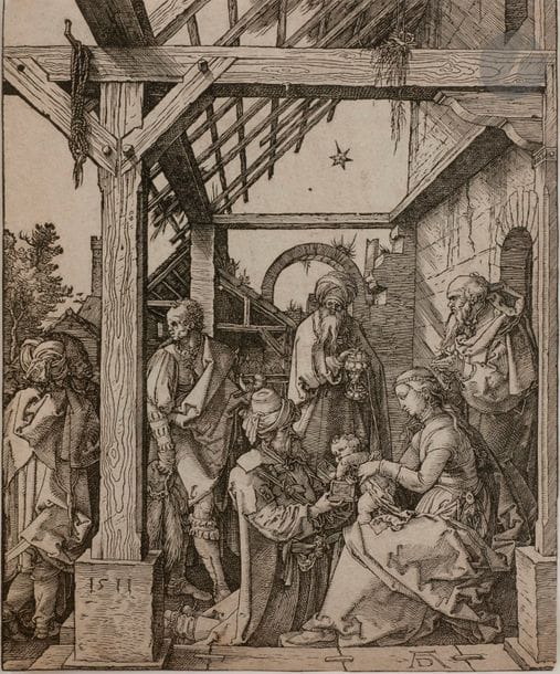 Albrecht Dürer (1471-1528)
L’Adoration des Mages. 1511. Bois gravé. 220 x 270 ; Bartsch 3 ; Meder 208. Belle épreuve d’un tirage légèrement postérieur, avec quelques petites cassures dans le bois, rognée sur le trait carré et horizontalement en tête, avec manque de près de 20 mm dans la partie supérieure de l’image. Deux petits trous dans le sujet. 