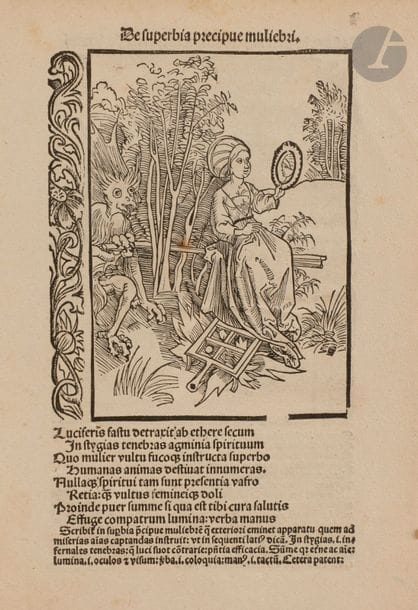 Albrecht Dürer (1471-1528) (attribué à)
La Folle orgueilleuse ; Savant et fou conversant. Illustrations recto-verso sur un feuillet provenant de Das Narrenschiff (La Nef des fous) de S. Brant. Bâle, 1494. Gravure sur bois. Feuillet : 155 x 212. Épreuve tirée d’une édition latine postérieure, les bois avec de petites fractures. Texte typographié en pied. Petits trous. Marges. 