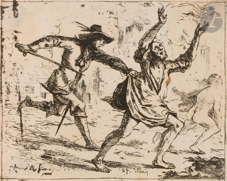 Hans Ulrich Franck (1590-1675)
Scène de la Guerre de Trente Ans. 1656. Eau-forte. 132 x 106. Belle épreuve rognée sur le coup de planche, avec la mention gravée « 27. May ». Une petite tache d’encre rousse dans le sujet. Restes de colle dans les angles au verso, transparaissant légèrement au recto. 