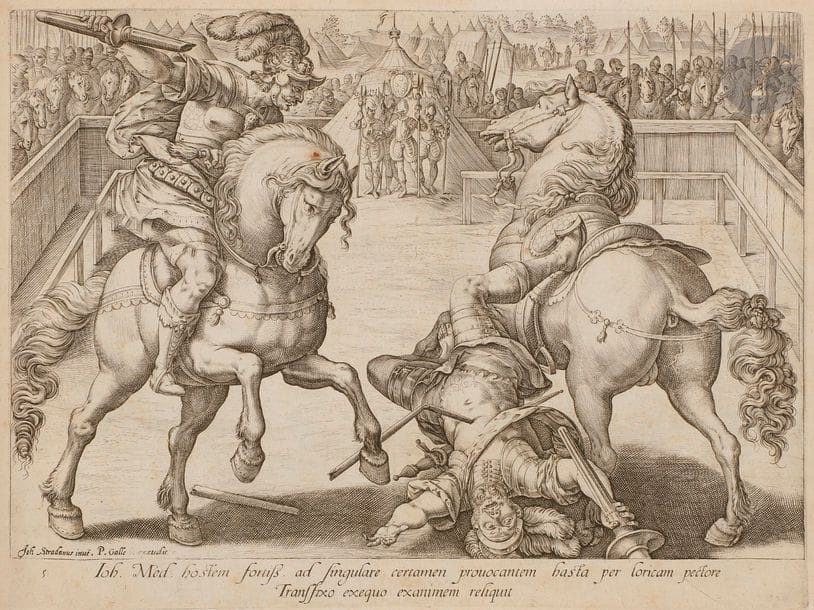 Philippe Galle (1537-1612) (éd.) 
Mediceae familiae rerum feliciter gestarum victoriae et triumphi. 1583. Un vol. oblong relié à la ficelle. Burin d’après Stradan (4 gravées par Goltzius – Strauss 12 à 15). [375 x 270]. Réunion de 19 pl. (sur 20, ou 22 selon Strauss – manque la pl. 8) précédées d’un titre. Belles épreuves. Rousseurs claires et menus accidents. Toutes marges. Rare. 