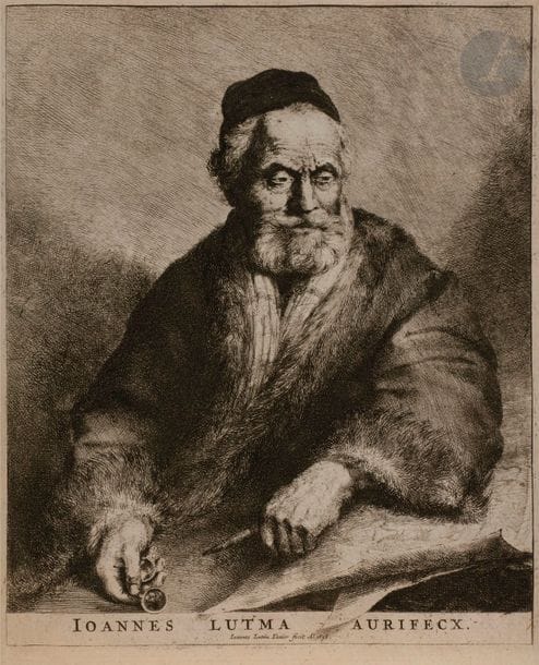 Johannes II Lutma (1624-1685/89)
Johannes Lutma Aurifecx (L’Orfèvre Jan Lutma). 1656. Eau-forte. 205 x 248. Hollstein 5. Très belle épreuve rognée sur le coup de planche sur trois côtés, avec marges du cuivre et marge étroite en pied. 