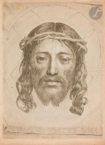 Claude MELLAN (1598-1688)
La Sainte Face. 1649. Burin. 315 x 428. Préaud 21. Belle épreuve d’ancien tirage. Pli de séchage vertical médian. Traces de plis, rousseurs et salissures divers. Trou de ver dans la chevelure en bas à droite. Plusieurs courtes déchirures aux bords du feuillet. Filigrane : grappe et contremarque. 