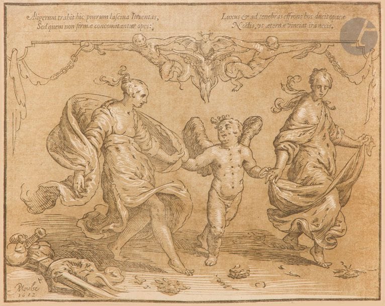 Paulus Moreelse (1571-1638)
L’Amour entre deux jeunes femmes en costume antique. 1612. Clair-obscur au moyen de deux bois. [296 x 242]. Le Blanc 1 ; Hollstein 2. Très belle épreuve. Plusieurs traces de plis obliques. Petit trou au-dessus du pied de la femme de droite. Traces de colle dans les angles supérieurs au verso. Marges étroites. Ex-coll. Th. Hippert (Lugt 1377). 