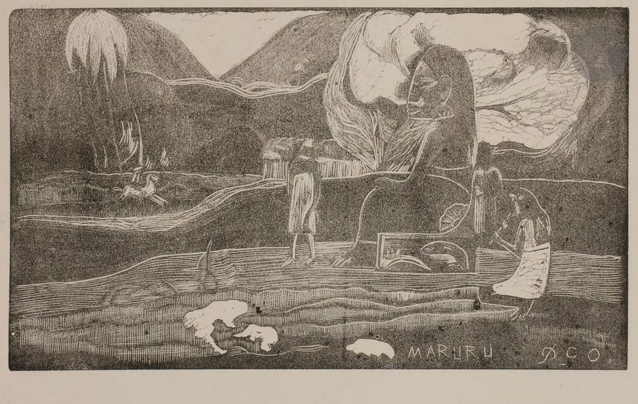 Paul GAUGUIN (1848-1903)
Maruru (Merci, ou Gratitude). 1893-1894. Gravure sur bois. 355 x 205. Guérin 24 ; Mongan, Kornfeld et Joachim 22 III C. Très belle épreuve tirée en noir sur vélin crème, vraisemblablement épreuve d’essai du tirage effectué pour Louis Roy (avant la couleur), avec petites maculatures en surface. Courts plis de manipulation aux bords du feuillet. Toutes marges. Ex-coll. H. Stinnes (Lugt 4436) et O. Mascha (Lugt 1904). 