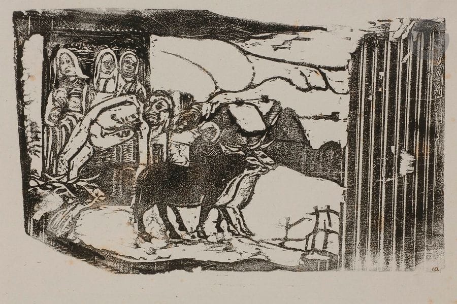 Paul GAUGUIN (1848-1903)
Le Calvaire breton. 1898-1899. Gravure sur bois. 263 x 160. Guérin 68 ; Mongan, Kornfeld et Joachim 50 C. Très belle épreuve sur chine volant, du tirage effectué avant 1918 par Tony ou Jacques Beltrand pour Eugène Druet, avec les initiales « E. D. » à la plume et à l’encre dans l’angle inférieur droit du sujet. Petites amincissures au verso, inhérentes à la texture du papier, légèrement perceptibles dans le sujet en haut à droite. Rousseurs claires éparses. Toutes marges. Étiquette de douane au verso. 