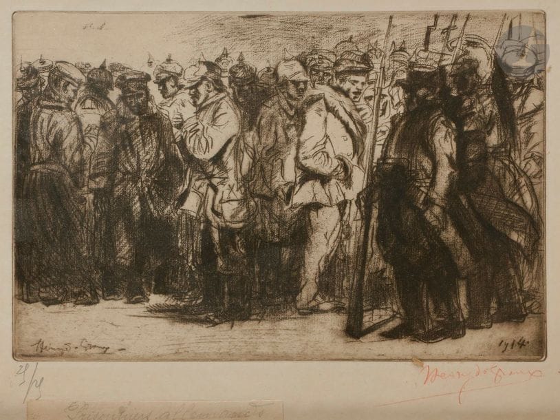 Henry de GROUX (1866-1930)
Prisonniers de guerre. 1914. Vernis mou. 238 x 163. Très belle épreuve tirée en brun bistré sur japon, numérotée au crayon et signée au crayon rouge. Toutes marges. Tirage à 25 épreuves. Cadre. 