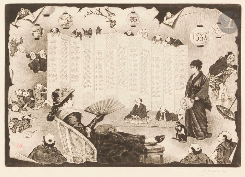 Henri GUERARD (1846-1897)
Calendrier pour 1884, fantaisie franco-japonaise. 1884. Eau-forte, pointe sèche et roulette. 325 x 225. Bertin 397. Très belle épreuve sur vergé, timbrée (Lugt 1157) et signée au crayon. Toutes marges. Joint : 4 autres calendriers gravés par Adeline, Morel, Oudart (1881-1886), certains défraîchis, et un programme de spectacle gravé par Somm (1879). Traces claires d’oxydation. Toutes marges. Ens. 6 p. 