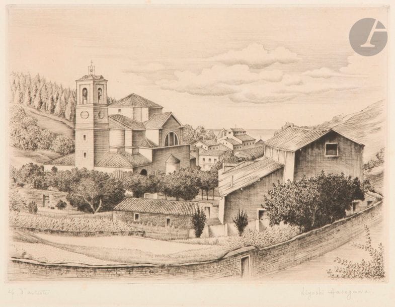 Kiyoshi Hasegawa (1891-1980)
Village de pêcheurs de Motrico. 1936. Pointe sèche. 280 x 212. Reifu Syobo 241. Belle épreuve sur vélin, annotée « ep. d’artiste » et signée au crayon, puis titrée en pied en français et en japonais, et revêtue du timbre sec de l’artiste. Trace claire d’oxydation à l’ouverture d’un ancien montage. Rousseurs claires éparses. Courte déchirure en pied. Plis et petits accidents aux angles du feuillet. Tirage définitif à 35 épreuves.