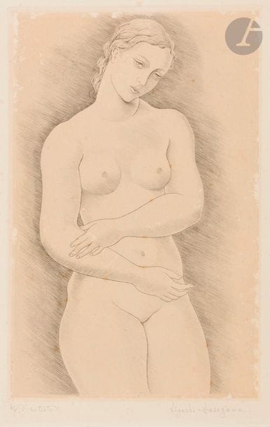 Kiyoshi Hasegawa (1891-1980)
Nu. 1936. Pointe sèche. 170 x 265. Reifu Syobo 243. Bonne épreuve sur chine appliqué (les bords de ce dernier épidermés et arrachés) sur vélin, annotée « ép. d’artiste » et signée au crayon. Nombreuses rousseurs claires éparses. Toutes marges. Timbre sec de l’artiste en pied à droite. Tirage définitif à 25 épreuves. 