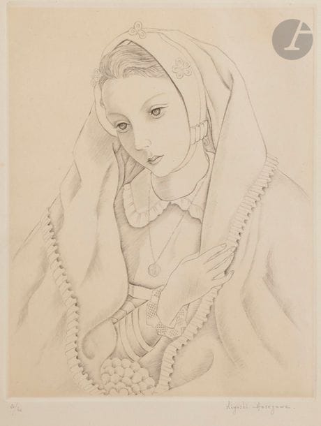 Kiyoshi Hasegawa (1891-1980)
Communiante. 1938. Burin. 216 x 270. Reifu Syobo 250. Très belle épreuve sur vélin, numérotée et signée au crayon. Toutes marges. Tirage à 40 épreuves. Timbre sec de l’artiste en pied. Sous verre. 