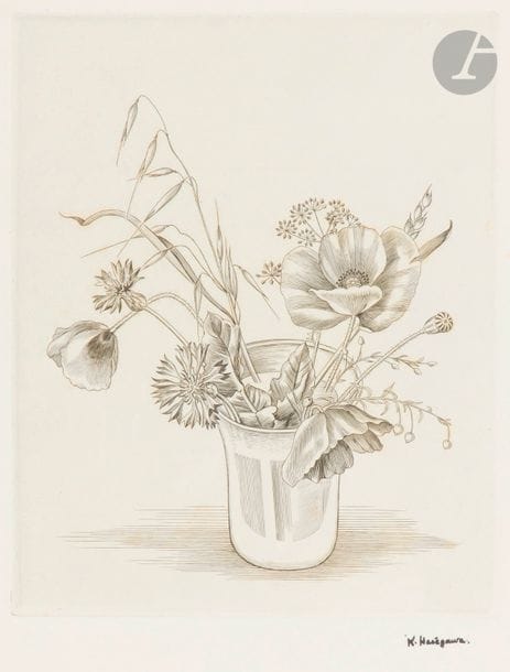 Kiyoshi Hasegawa (1891-1980)
Fleurs des champs : coquelicots et bleuets. 1943. Burin. 218 x 272. Reifu Syobo 365. Très belle épreuve sur vélin, revêtue du timbre de l’atelier. Toutes marges. 