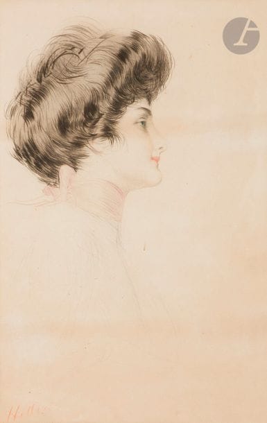 Paul-César HELLEU (1859-1927)
Femme de profil vers la droite, nœud rose autour du cou. Pointe sèche. À vue : 335 x 530. Impression en couleurs. Belle épreuve sur vélin, signée à la sanguine. Petites traces de frottement et épidermures en surface, bandes claires d’oxydation et quelques rousseurs claires. Marges. Cadre.