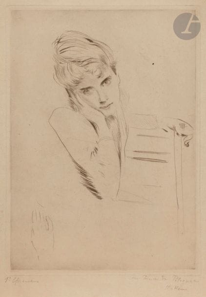 Paul-César HELLEU (1859-1927)
Jeune femme pensive, main à la joue. Pointe sèche. 199 x 278. Très belle épreuve d’essai sur vergé, annotée au crayon : « 1e Epreuve / au prince de Polignac » et signée, puis annotée dans l’angle inférieur droit du feuillet : « planche planée / 10 épreuves tirées ». Léger empoussiérage aux bords du feuillet. Toutes marges. 