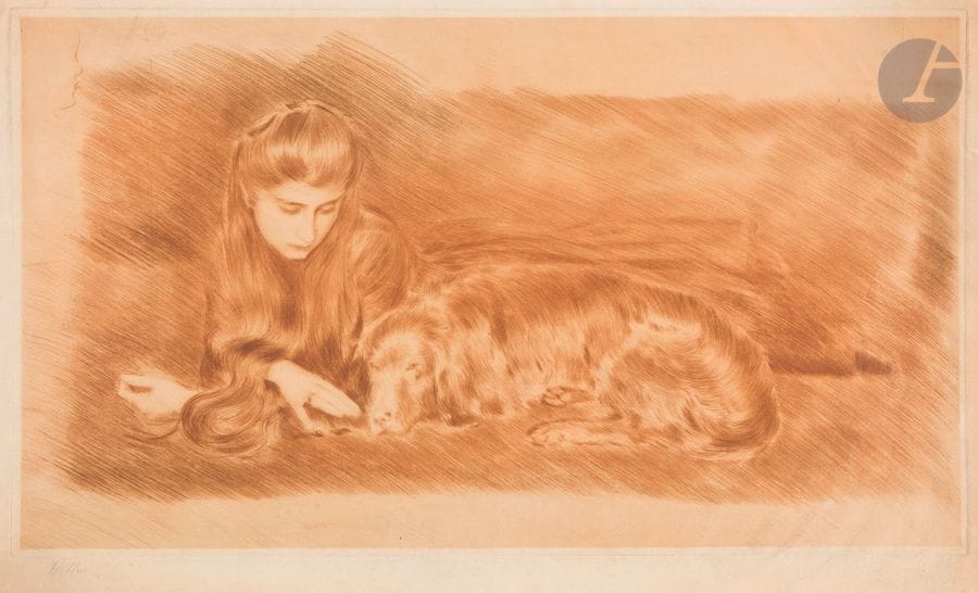 Paul-César HELLEU (1859-1927)
Jeune fille alanguie auprès d’un chien (la fille de l’artiste). Héliogravure d’après une pointe sèche. 488 x 283. Très belle épreuve tirée en sanguine, signée au crayon. Légère oxydation du feuillet. Toutes marges.