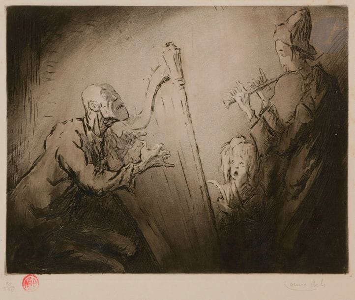 Louise IBELS (1891-1965)
Le Concert. Eau-forte et aquatinte. 237 x 185. Très belle épreuve sur vélin, numérotée, timbrée et signée au crayon. Rousseurs claires. Toutes marges. Tirage à 150 épreuves. 