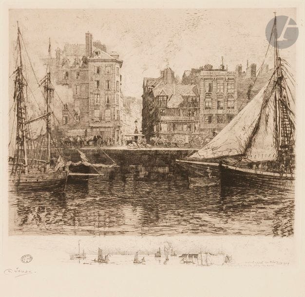 Charles JOUAS (1866-1942)
Avant-port du Havre, démolition de la jetée du nord. 1905 ; Ancien hôtel des Archevêques de Rouen, cour de Rohan Paris… 1926. Eau-forte. 305 x 273 et 240 x 376. Très belles épreuves sur vélin, signées au crayon. Salissures au verso. Toutes marges. Timbre de la Société Normande de Gravure (Lugt 2300a). Ens. 2 p. 