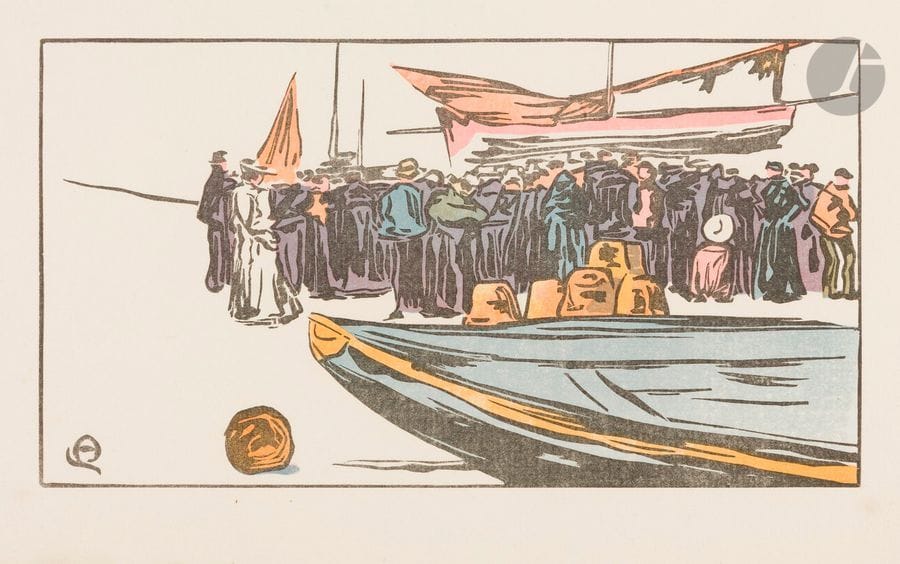 Amédée Joyau (1871-1913)
La Vente du poisson (Yport). 1902. Bois gravé. 218 x 118. Curtis 41. Impression en couleurs. Parfaite épreuve sur vergé. Toutes marges. 
