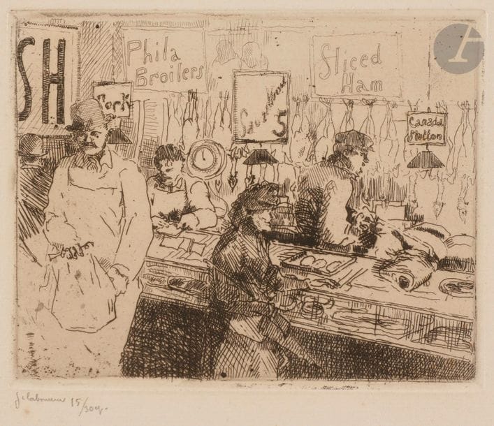 Jean-Emile LABOUREUR (1877-1943)
Marché à la viande, New York (Washington Market, 104th Street). 1908. Eau-forte. 144 x 115. Laboureur 77. Très belle épreuve sur vergé crème, signée et numérotée au crayon. Infime trace d’oxydation à l’ouverture du passe-partout. Quelques rousseurs claires éparses. Toutes marges. Rare. Tirage total à 16 épreuves (malgré les 30 annoncées). Ex-coll. H.-M. Petiet (Lugt 5031) et JPLL (vente Ader, 13 décembre 2005). 