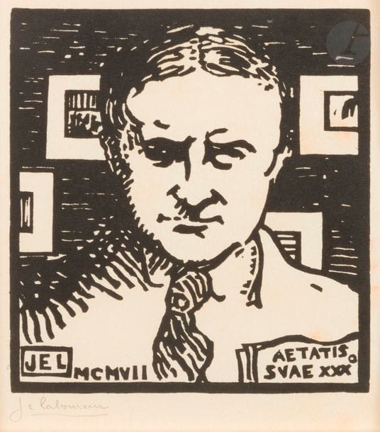 Jean-Emile LABOUREUR (1877-1943)
Portrait de l’artiste. 1907. Bois gravé. 86 x 97. Laboureur 639. Très belle épreuve sur japon mince, signée au crayon. Rousseurs claires éparses. Toutes marges. Ex-coll. H.-M. Petiet (Lugt 5031).