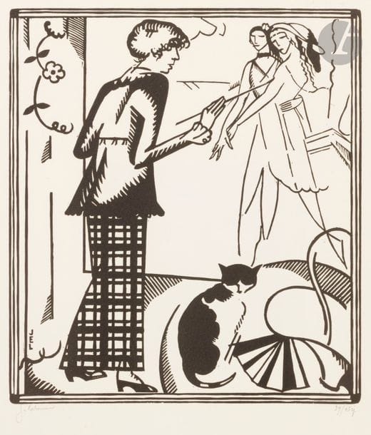 Jean-Emile LABOUREUR (1877-1943)
Portrait : Marie Laurencin. 1914. Bois gravé. 216 x 249. Laboureur 707. Très belle épreuve sur vélin blanc, signée et numérotée au crayon. Infimes traces de plis aux bords du feuillet. Toutes marges. Tirage à 45 épreuves.