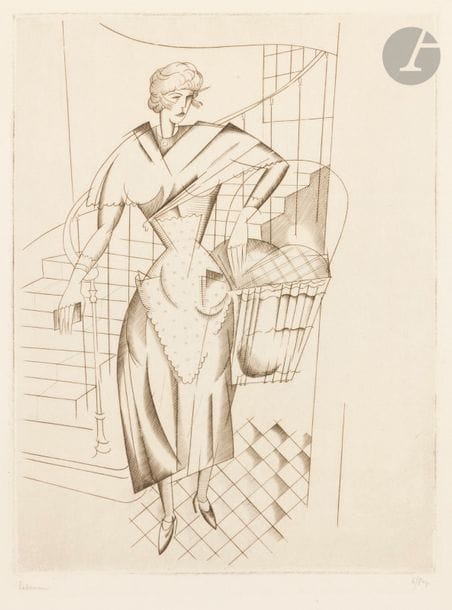 Jean-Emile LABOUREUR (1877-1943)
La Blanchisseuse. 1922. Burin. 180 x 248. Laboureur 229. Très belle épreuve sur vélin, l’une des 8 du 1er état (sur 3), avant le quadrillage du châle, signée et numérotée au crayon. Quelques rares rousseurs claires en pied. Toutes marges. Tirage total à 96 épreuves. 
