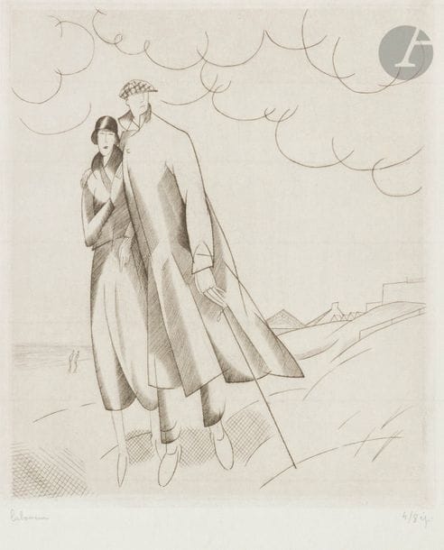 Jean-Emile LABOUREUR (1877-1943)
La Pluie sur la plage. 1924. Burin. 120 x 140. Laboureur 281. Très belle épreuve sur vélin mince blanc, l’une des 8 du 1er état (sur 2), avant les tailles figurant la pluie et avant le monogramme, signée et numérotée au crayon. Toutes marges. Tirage définitif à 50 épreuves. 