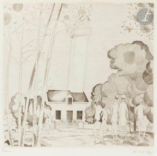 Jean-Emile LABOUREUR (1877-1943)
La Promenade au phare. 1925. Burin. 183 x 168. Laboureur 302. Très belle épreuve d’essai de l’état définitif, sur vergé ancien azuré provenant d’un ancien registre, signée et justifiée au crayon. Toutes marges. Tirage à 8 épreuves. Tirage total à env. 100 épreuves. 