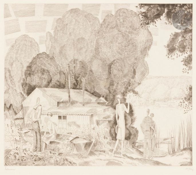 Jean-Emile LABOUREUR (1877-1943)
L’Auberge du bord de l’eau (grande pl.). 1925-1926. Burin. 262 x 240. Laboureur 317. Très belle épreuve sur vélin blanc fort, signée et numérotée au crayon. Pli souple oblique au bord droit du feuillet. Toutes marges. Tirage à 70 épreuves. 