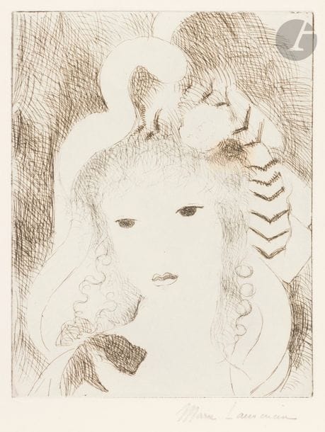 Marie LAURENCIN (1883-1956)
Tête de femme au nœud noir. 1928. Eau-forte. 145 x 197. Marchesseau 140. Réunion de 3 parfaites épreuves du 1er au 3e état (sur 3), sur vélin ou simili-japon, toutes signées au crayon, la dernière numérotée, du tirage à 100 épreuves pour l’Album Marie Laurencin, éd. des Quatre Chemins, Paris. Toutes marges. 