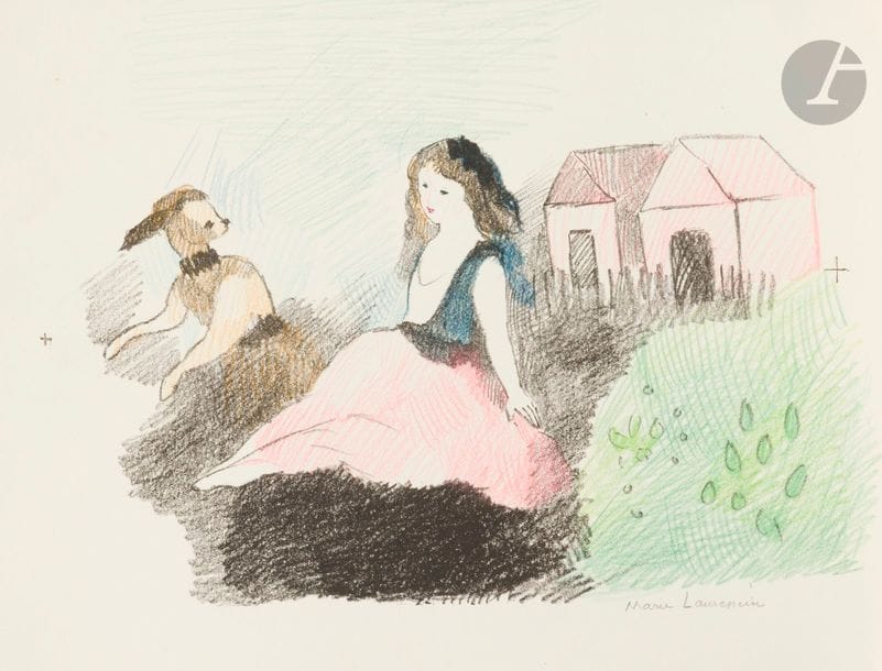 Marie LAURENCIN (1883-1956)
Alice chez le lapin. (Pl. 6 pour L. Carroll, Alice in Wonderland, Paris, The Black Sun Press éd., 1930). Lithographie. 250 x 150. Marchesseau 160. Réunion de 3 épreuves de la pierre-clé, deux tirées en noir avant effaçage des croix de pointure, une tirée en sanguine, toutes rehaussées aux crayons de couleurs et signées au crayon. Toutes marges. Joint : dessin préparatoire. Mine de plomb sur vélin blanc, [248 x 170]. Signé au crayon. Ens. 4 p.