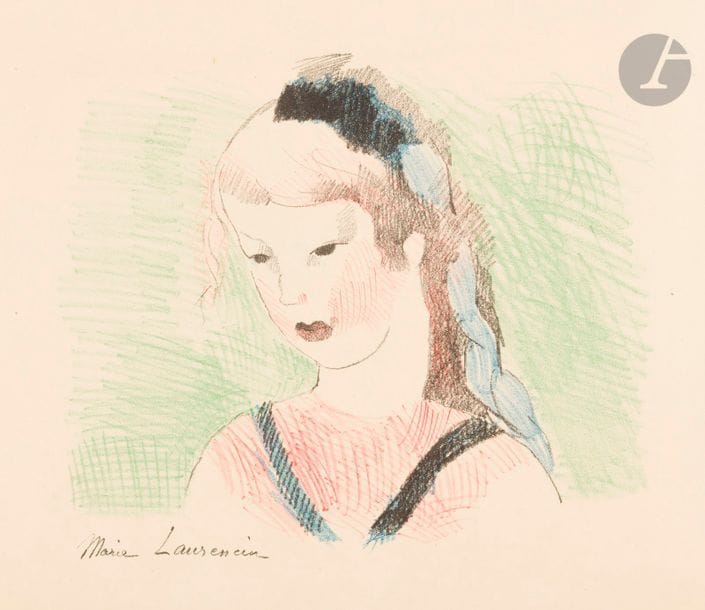 Marie LAURENCIN (1883-1956)
Carroll (Lewis). Alice in Wonderland. Paris, The Black Sun Press, 1930. Un vol. in-4 oblong, broché, couverture crème imprimée, chemise cartonnée rose et étui (légèrement frotté). Texte anglais. Contenant 6 lithographies en couleurs de M. Laurencin (Marchesseau 158 à 163). L’un des 50 exemplaires sur simili-japon, très frais (hormis une petite épidermure en surface dans l’angle supérieur droit au frontispice), numéroté. Édition européenne à 370 ex. (outre 420 pour les USA). 