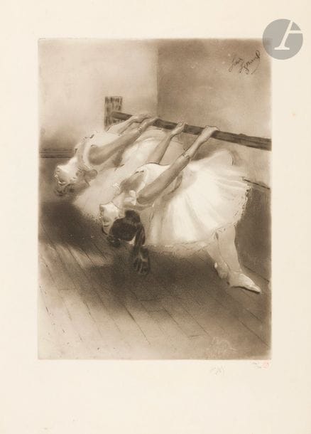 Louis LEGRAND (1863-1951)
La Petite classe. 1908. Un album in-fol., très frais, contenant la suite complète des 12 pl. gravées à l’eau-forte, à l’aquatinte et à la pointe sèche, précédées d’un titre gravé à la pointe sèche, ce dernier sur vélin gris, numéroté au crayon. Arwas 358 à 370. Très belles épreuves sur vergé blanc, signées et numérotées au crayon, timbrées par l’éditeur G. Pellet (Lugt 1193). Toutes marges. Tirage à 100 ex. Reliure marbrée à coins, dos avec lettres dorées. 