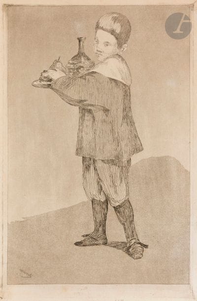 Edouard MANET (1832-1883)
Enfant portant un plateau. 1861. Eau-forte et aquatinte. 153 x 239. Guérin 15 ; Bareau 28. Épreuve d’un tirage postérieur effectué par Porcabeuf vers 1910-1912, sur japon vergé mince, les marges rognées à quelques millimètres, doublée sur vélin, le coup de planche écrasé. Légères salissures. 