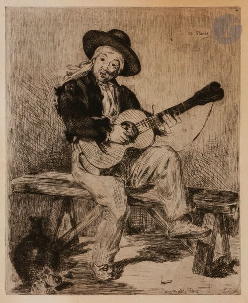 Edouard MANET (1832-1883)
Le Chanteur espagnol, ou Le Guitarero. 1861. Eau-forte. 242 x 296. Guérin 16 ; Bareau 29 ; Fisher 12. Belle épreuve sur vergé crème, de l’état définitif selon Guérin. Pli horizontal médian normal. Traces d’oxydation et petite tache rousse au bord inférieur droit. Trous de punaises dans les angles. Tirage de L’Artiste (1867). 
