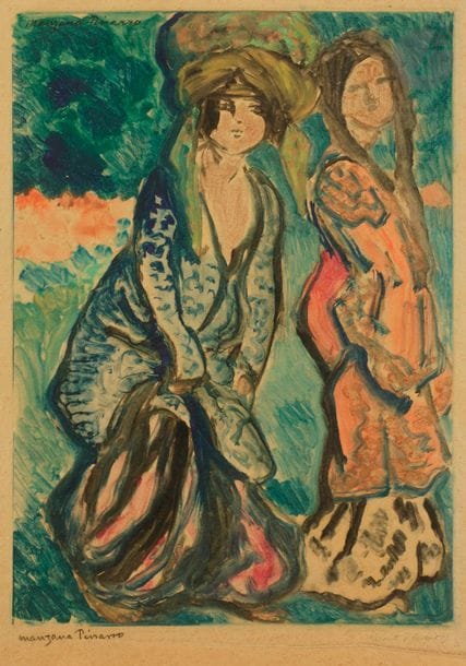 Georges MANZANA-PISSARRO (1871-1961)
Conte d’Orient (deux femmes en costume oriental). Monotype en couleurs. 260 x 360. Très belle épreuve sur vélin exotique texturé jaune moutarde, signée à la pierre noire en tête à gauche dans le sujet puis une nouvelle fois sous le sujet, annotée « monotype » et titrée au crayon. Infimes déchirures au bord droit, consolidées au verso. Petit arrachement au bord gauche du feuillet. Toutes marges.